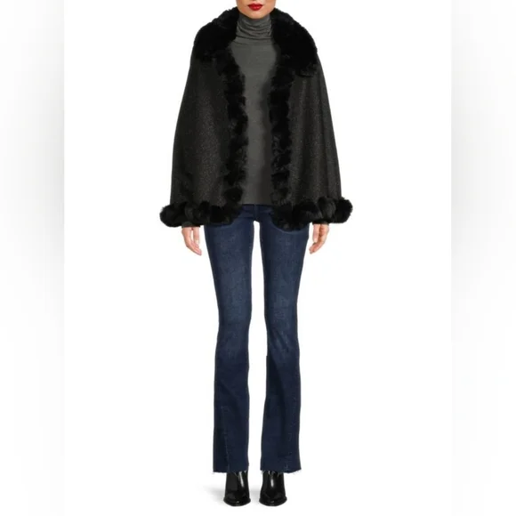 NWT VINCE CAMUTO Whip Stitched Black Faux Fur Trimmed Cape - Picture 2 of 7